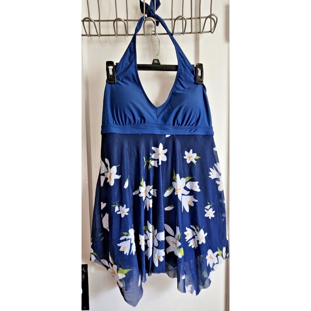 NWT YONIQUE‎ one piece swim suit halter neck blue floral flowy skort Sz XL